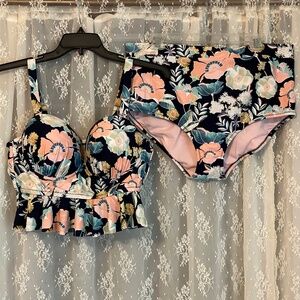 Navy and pink floral 2 piece swimsuit